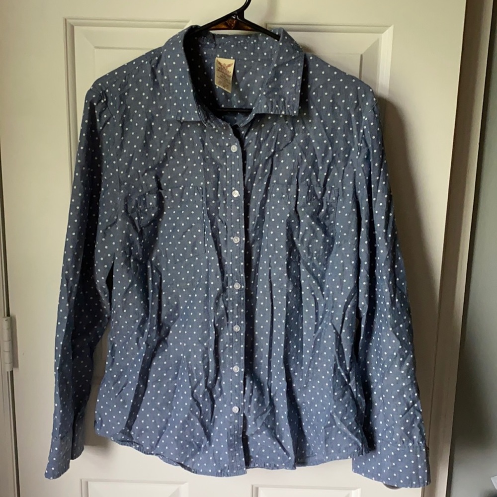 Blue and White Polkadot Long Sleeve Button Up